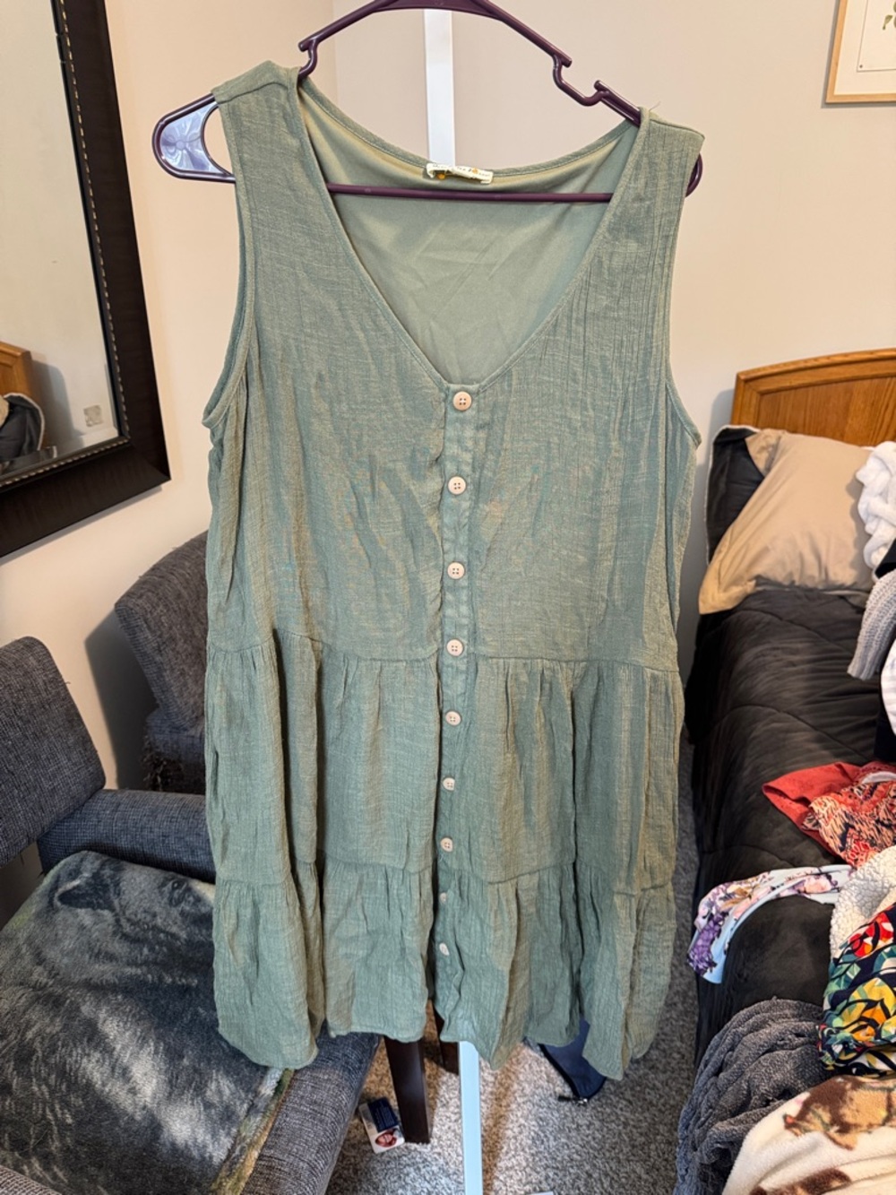 Women's Sleeveless Tiered Button-dress- Sage Green